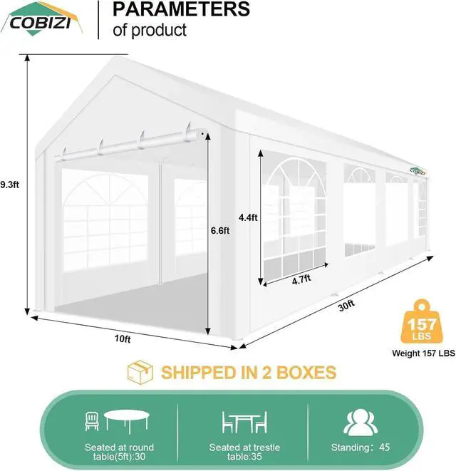 Alt view image 2 of 7 - 10x30 Heavy Duty Party Tent Outdoor Waterproof Canopy with 8 Church Windows & 8 Sidewalls, Built-in Sandbag, White Powder Coating Commercial Event Shelter Tents for Parties Wedding BBQ Patio
