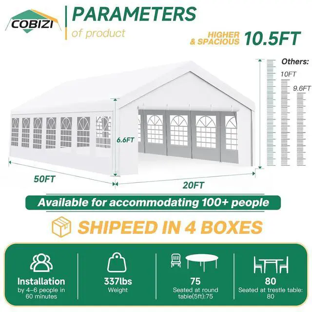 Alt view image 3 of 7 - 20x50 Heavy Duty Party Tent Waterproof, 14 Church Windows with Sidewalls, Built-in Sandbags, Large Outdoor Canopy Gazebo for Wedding, Backyard, BBQ & Patio-White