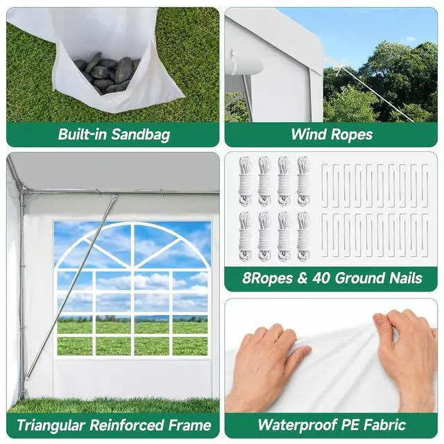 Alt view image 7 of 7 - 20x50 Heavy Duty Party Tent Waterproof, 14 Church Windows with Sidewalls, Built-in Sandbags, Large Outdoor Canopy Gazebo for Wedding, Backyard, BBQ & Patio-White