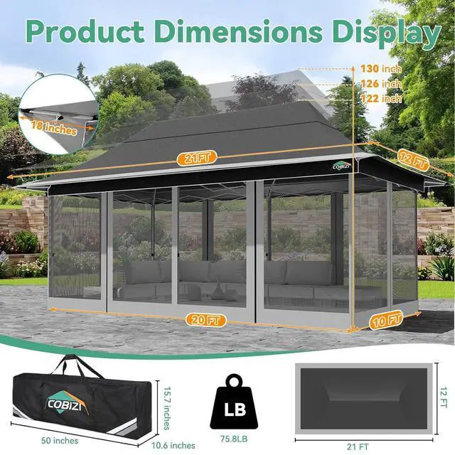 Alt view image 5 of 7 - 12x20 Pop up Canopy Tent Gazebo, Party Tents for Parties
