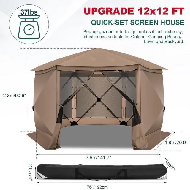 Alt view image 5 of 7 - 12x12 FT Pop Up Canopy Extendable Tent, Gazebos On Clearance with Removable Roof, Screened in Gazebo with sidewalls, Screen Tents Portable carpas para Patio for Outdoor Camping,Backyard,Khaki
