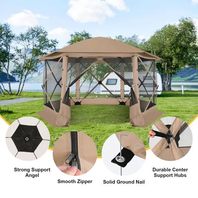 Alt view image 2 of 7 - 12x12 FT Pop Up Canopy Extendable Tent, Gazebos On Clearance with Removable Roof, Screened in Gazebo with sidewalls, Screen Tents Portable carpas para Patio for Outdoor Camping,Backyard,Khaki