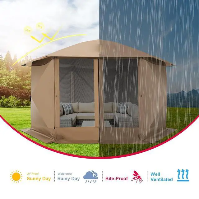 Alt view image 7 of 7 - 12x12 FT Pop Up Canopy Extendable Tent, Gazebos On Clearance with Removable Roof, Screened in Gazebo with sidewalls, Screen Tents Portable carpas para Patio for Outdoor Camping,Backyard,Khaki