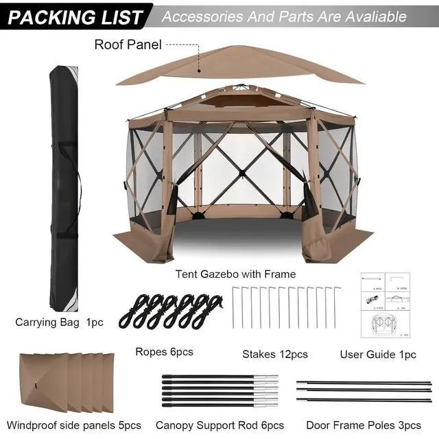 Alt view image 3 of 7 - 12x12 FT Pop Up Canopy Extendable Tent, Gazebos On Clearance with Removable Roof, Screened in Gazebo with sidewalls, Screen Tents Portable carpas para Patio for Outdoor Camping,Backyard,Khaki