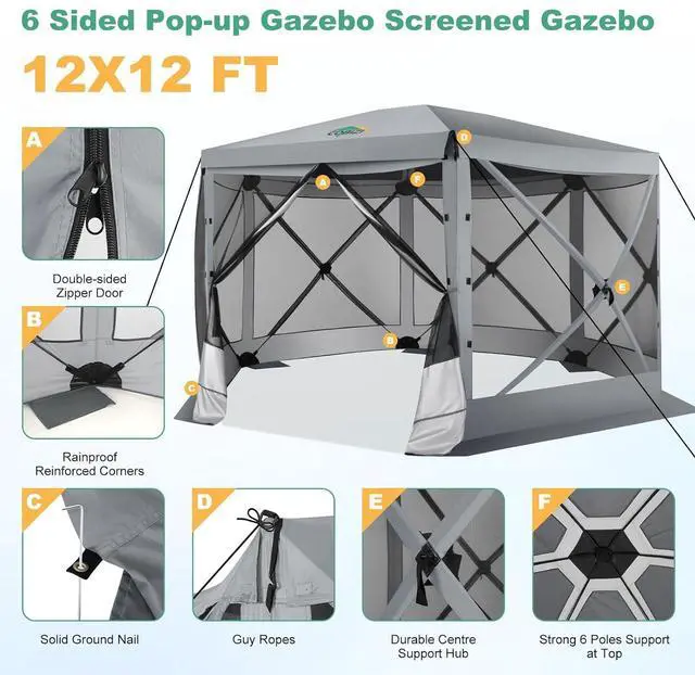 Alt view image 5 of 7 - 12x12 FT Pop Up Canopy Extendable Tent, Gazebos On Clearance With Removable Roof, Screened In Gazebo,Screen Tents Portable carpas para patio for Outdoor Camping,Backyard, Garden, Grey(Upgraded)