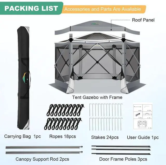 Alt view image 7 of 7 - 12x12 FT Pop Up Canopy Extendable Tent, Gazebos On Clearance With Removable Roof, Screened In Gazebo,Screen Tents Portable carpas para patio for Outdoor Camping,Backyard, Garden, Grey(Upgraded)