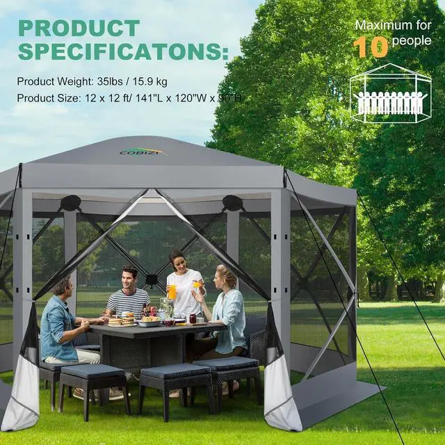 Alt view image 6 of 7 - 12x12 FT Pop Up Canopy Extendable Tent, Gazebos On Clearance With Removable Roof, Screened In Gazebo,Screen Tents Portable carpas para patio for Outdoor Camping,Backyard, Garden, Grey(Upgraded)