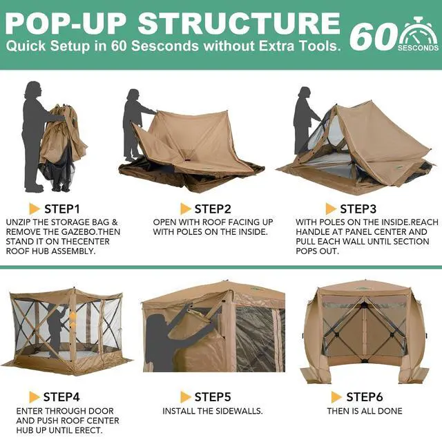 Alt view image 2 of 6 - 10x10 FT Pop up Gazebo, Popup Canopy tent,Screened In Gazebos with sidewalls, Waterproof Portable Outdoor Small Screen tents Sun Shelter,carpas para patio for Camping, Garden and Backyard,Khaki
