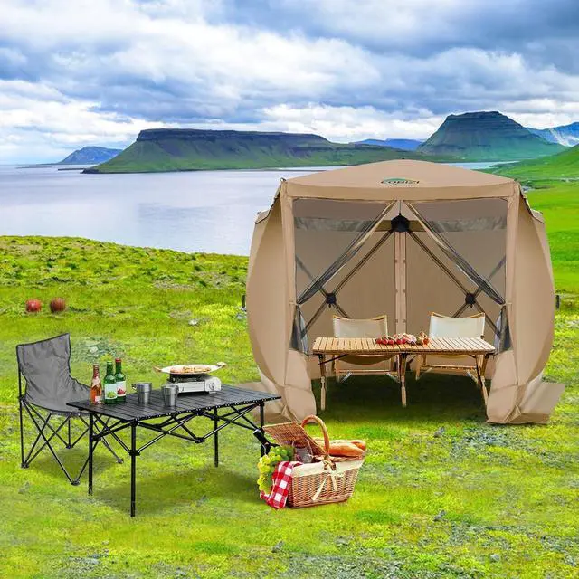 Alt view image 5 of 6 - 10x10 FT Pop up Gazebo, Popup Canopy tent,Screened In Gazebos with sidewalls, Waterproof Portable Outdoor Small Screen tents Sun Shelter,carpas para patio for Camping, Garden and Backyard,Khaki