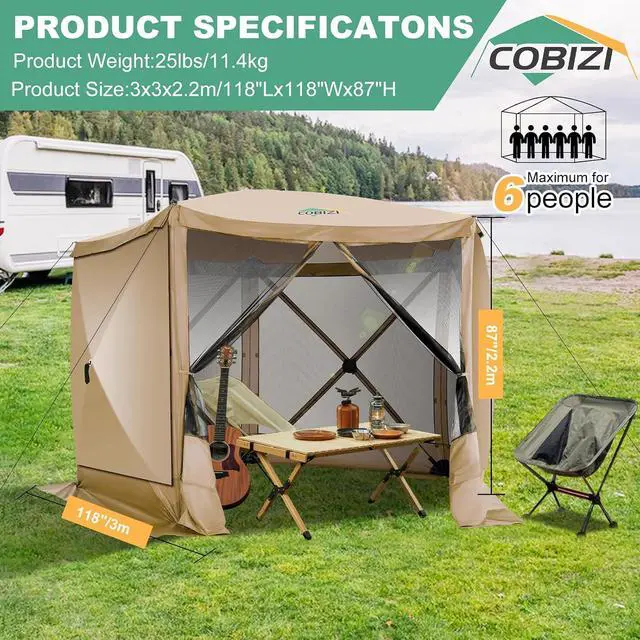 Alt view image 3 of 6 - 10x10 FT Pop up Gazebo, Popup Canopy tent,Screened In Gazebos with sidewalls, Waterproof Portable Outdoor Small Screen tents Sun Shelter,carpas para patio for Camping, Garden and Backyard,Khaki