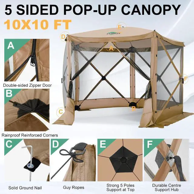 Alt view image 7 of 7 - 10x10FT Pop up Canopy Tent, Screened in Gazebos with Sidewalls,Khaki