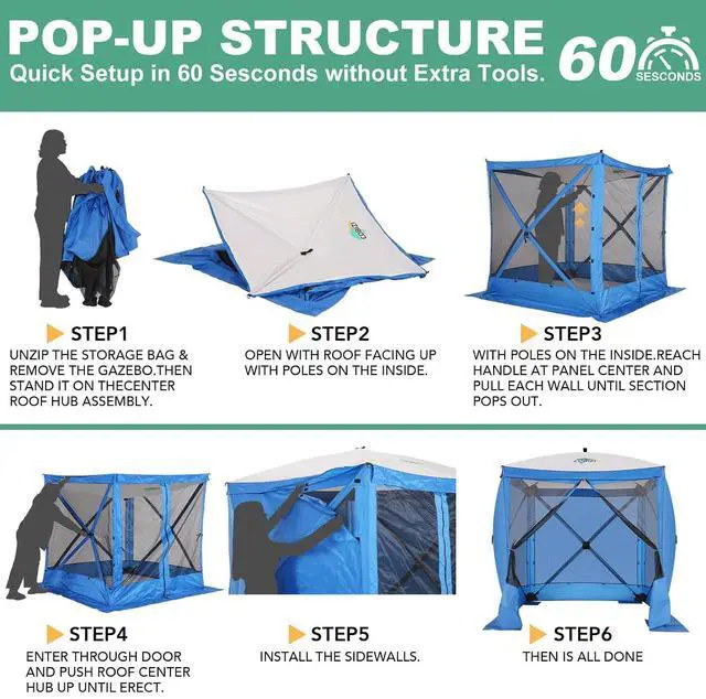 Alt view image 5 of 7 - 6x6 FT Pop up Gazebo, Popup Canopy Tent, Waterproof Screened in Gazebos,Portable Outdoor Small Screen Tents Sun Shelter,carpas para Patio for Camping, Garden and Backyard,Blue