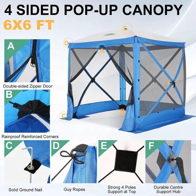 Alt view image 7 of 7 - 6x6 FT Pop up Gazebo, Popup Canopy Tent, Waterproof Screened in Gazebos,Portable Outdoor Small Screen Tents Sun Shelter,carpas para Patio for Camping, Garden and Backyard,Blue