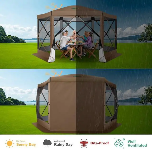 Alt view image 4 of 7 - 12x12 FT Pop Up Canopy Party Tent, Gazebos with Removable Roof,Brown