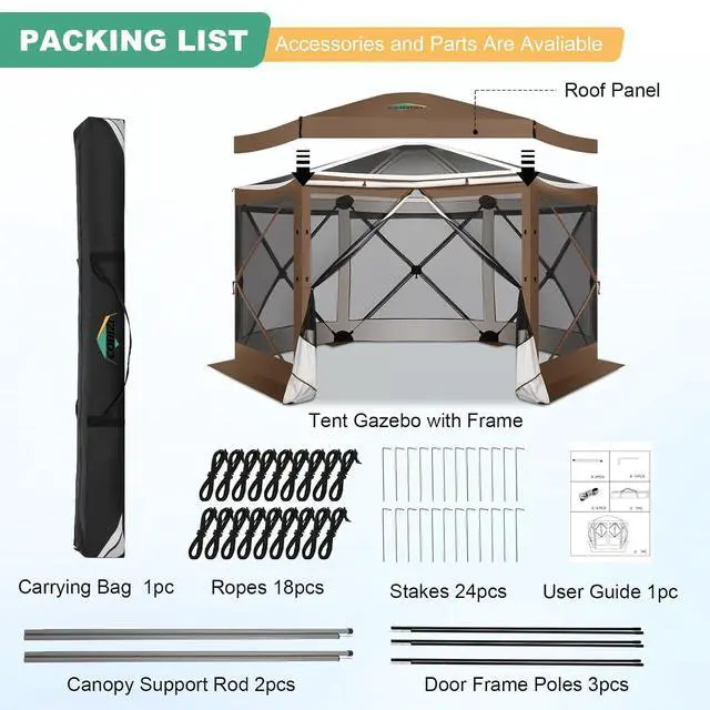 Alt view image 7 of 7 - 12x12 FT Pop Up Canopy Party Tent, Gazebos with Removable Roof,Brown