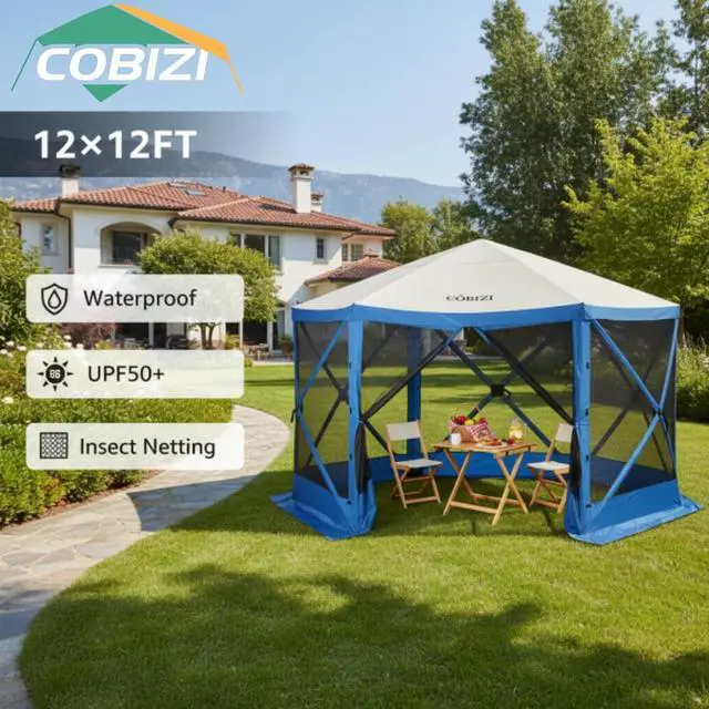 Alt view image 2 of 7 - 12x12 FT Pop Up Canopy Shelter Tent, Large Gazebos On Clearance with Sidewalls, Screened in Gazebo, Screen Tents Portable carpas para Patio for Outdoor Camping, Backyard, Garden, Beach, Blue
