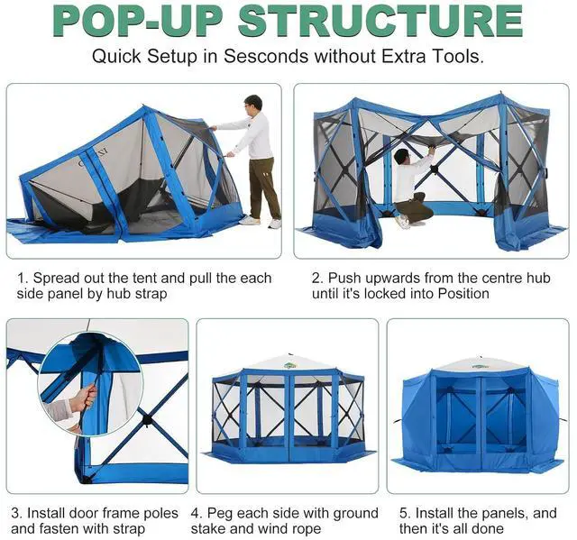 Alt view image 3 of 7 - 12x12 FT Pop Up Canopy Shelter Tent, Large Gazebos On Clearance with Sidewalls, Screened in Gazebo, Screen Tents Portable carpas para Patio for Outdoor Camping, Backyard, Garden, Beach, Blue