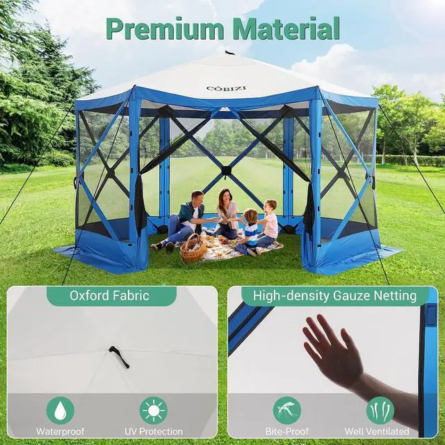 Alt view image 6 of 7 - 12x12 FT Pop Up Canopy Shelter Tent, Large Gazebos On Clearance with Sidewalls, Screened in Gazebo, Screen Tents Portable carpas para Patio for Outdoor Camping, Backyard, Garden, Beach, Blue