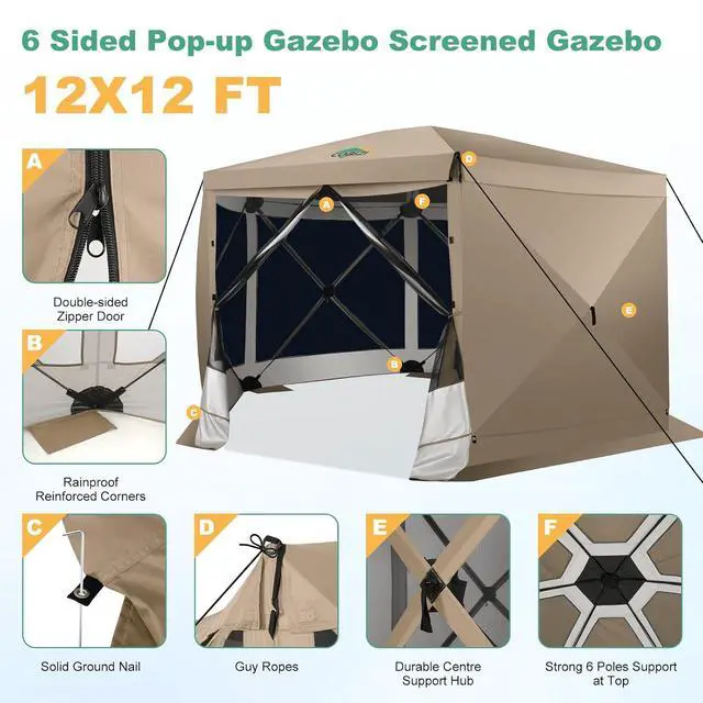 Alt view image 4 of 7 - 12x12 FT Pop Up Canopy Party Tent, Gazebos with Removable Roof,Khaki