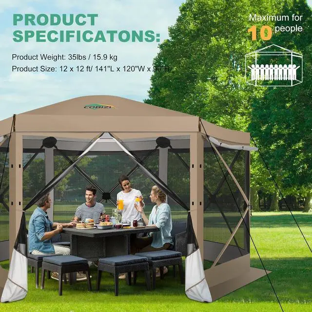 Alt view image 5 of 7 - 12x12 FT Pop Up Canopy Party Tent, Gazebos with Removable Roof,Khaki