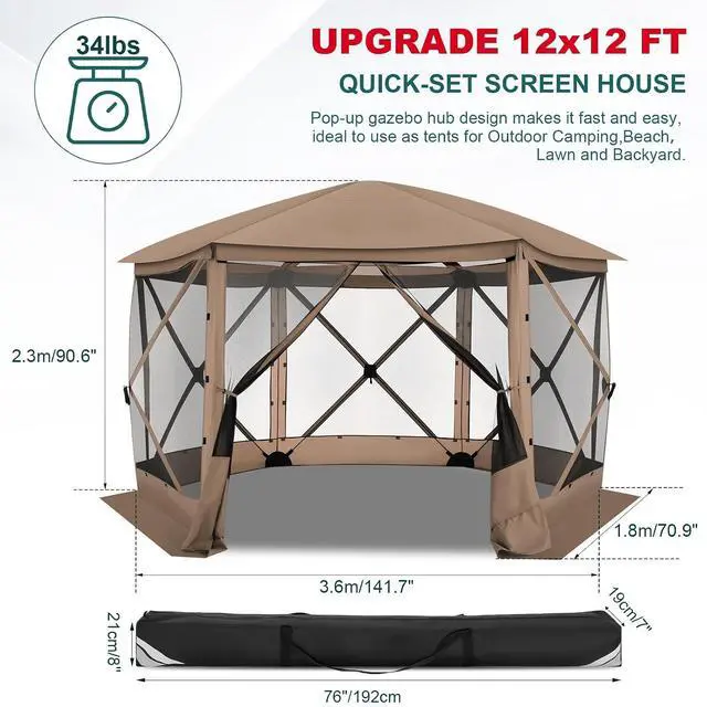 Alt view image 5 of 7 - 12x12 FT Pop Up Canopy Stargazing Tent, Gazebos On Clearance with Removable Roof, Screened in Gazebo, Screen Tents Portable carpas para Patio for Outdoor Camping,Backyard, Garden, Khaki(Pro)