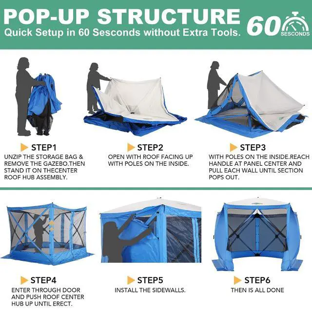 Alt view image 2 of 6 - 10x10 FT Pop up Gazebo, Popup Canopy Tent,Screened in Gazebos with sidewalls, Waterproof Portable Outdoor Small Screen Tents Sun Shelter,carpas para Patio for Camping, Garden and Backyard,Blue