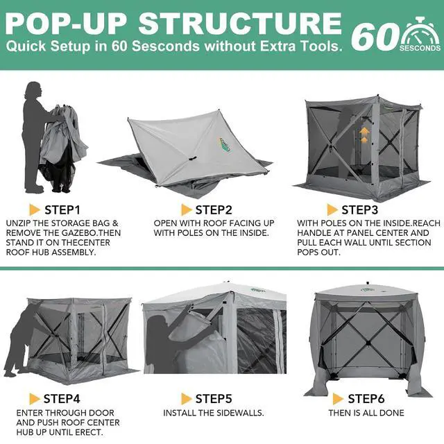 Alt view image 3 of 7 - 6x6 FT Pop up Gazebo, Popup Canopy Tent, Screened in Gazebos with sidewalls, Waterproof Portable Outdoor Small Screen Tents Sun Shelter,carpas para Patio for Camping, Garden and Backyard,Grey
