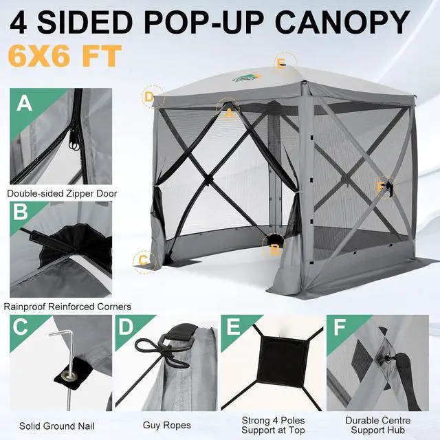 Alt view image 3 of 7 - 6x6 FT Pop up Gazebo, Popup Canopy Tent, Waterproof Screened in Gazebos,Portable Outdoor Small Screen Tents Sun Shelter,carpas para Patio for Camping, Garden and Backyard,Gray