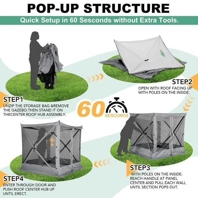 Alt view image 4 of 7 - 6x6 FT Pop up Gazebo, Popup Canopy Tent, Waterproof Screened in Gazebos,Portable Outdoor Small Screen Tents Sun Shelter,carpas para Patio for Camping, Garden and Backyard,Gray