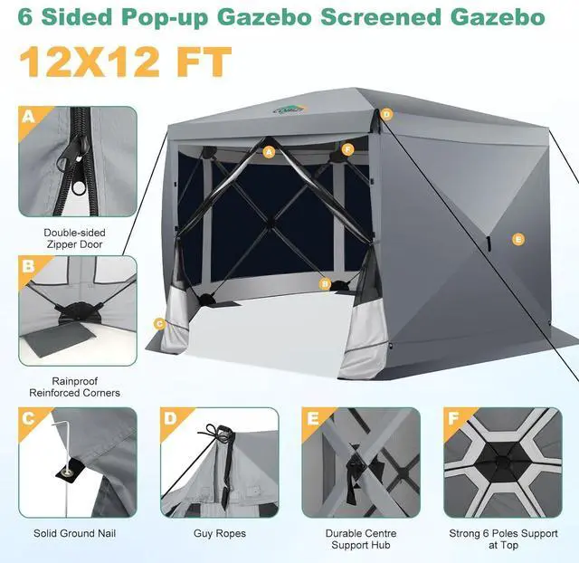 Alt view image 4 of 7 - 12x12 FT Pop Up Canopy Extendable Tent, Gazebos On Clearance with Removable Roof, Screened in Gazebo with sidewalls, Screen Tents Portable carpas para Patio for Outdoor Camping,Backyard,Gray
