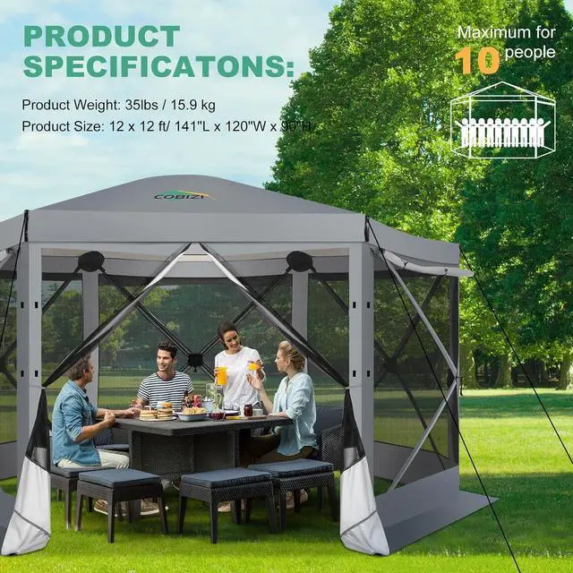 Alt view image 7 of 7 - 12x12 FT Pop Up Canopy Extendable Tent, Gazebos On Clearance with Removable Roof, Screened in Gazebo with sidewalls, Screen Tents Portable carpas para Patio for Outdoor Camping,Backyard,Gray