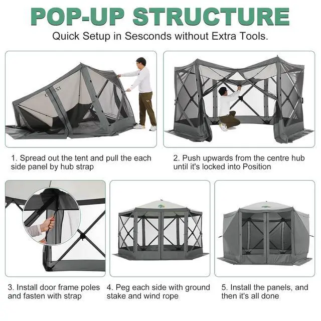 Alt view image 3 of 7 - 12x12 FT Pop Up Canopy Shelter Tent, Large Gazebos On Clearance with Sidewalls, Screened in Gazebo, Screen Tents Portable carpas para Patio for Outdoor Camping, Backyard, Garden, Beach,Grey