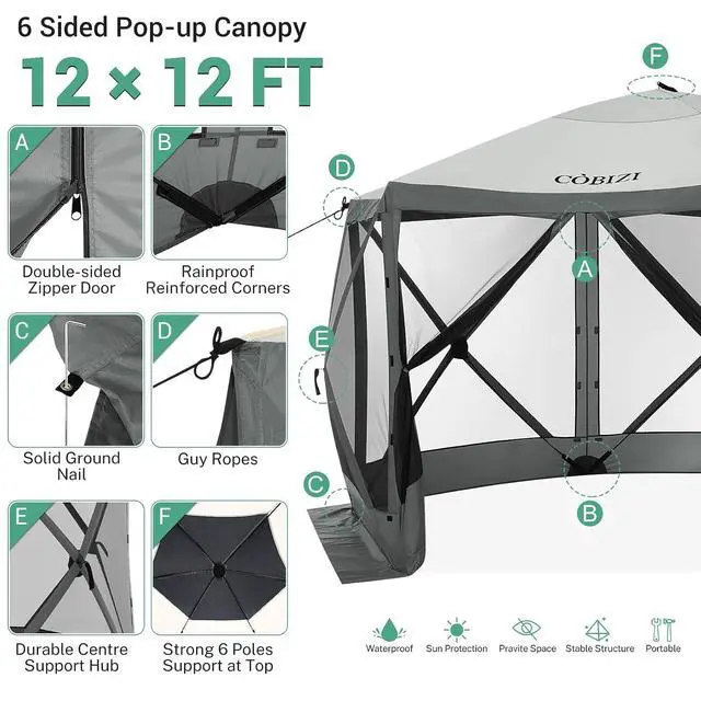 Alt view image 6 of 7 - 12x12 FT Pop Up Canopy Shelter Tent, Large Gazebos On Clearance with Sidewalls, Screened in Gazebo, Screen Tents Portable carpas para Patio for Outdoor Camping, Backyard, Garden, Beach,Grey