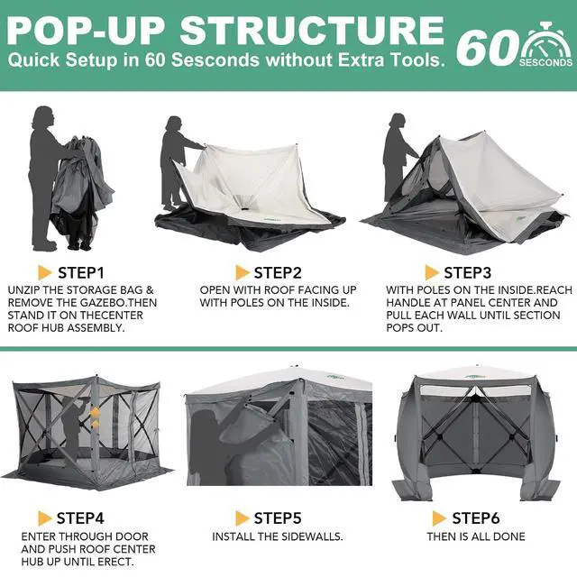 Alt view image 2 of 6 - 10x10 FT Pop up Gazebo, Popup Canopy Tent,Screened in Gazebos with sidewalls, Waterproof Portable Outdoor Small Screen Tents Sun Shelter,carpas para Patio for Camping, Garden and Backyard,Gray
