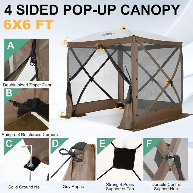 Alt view image 2 of 7 - 6x6 FT Pop up Gazebo, Popup Canopy Tent, Screened in Gazebos with sidewalls, Waterproof Portable Outdoor Small Screen Tents Sun Shelter,carpas para Patio for Camping, Garden and Backyard,Brown