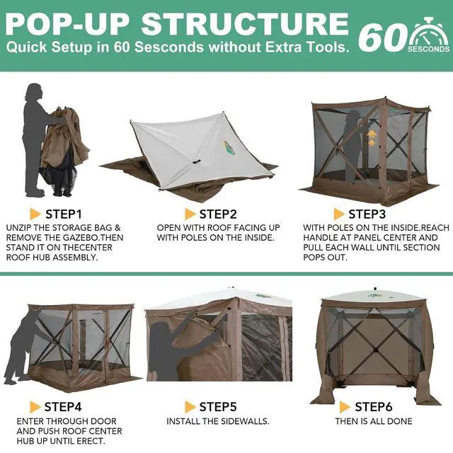 Alt view image 4 of 7 - 6x6 FT Pop up Gazebo, Popup Canopy Tent, Screened in Gazebos with sidewalls, Waterproof Portable Outdoor Small Screen Tents Sun Shelter,carpas para Patio for Camping, Garden and Backyard,Brown