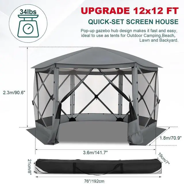 Alt view image 5 of 7 - 12x12 FT Pop Up Canopy Stargazing Tent, Gazebos On Clearance with Removable Roof, Screened in Gazebo, Screen Tents Portable carpas para Patio for Outdoor Camping,Backyard, Garden, Grey(Pro)