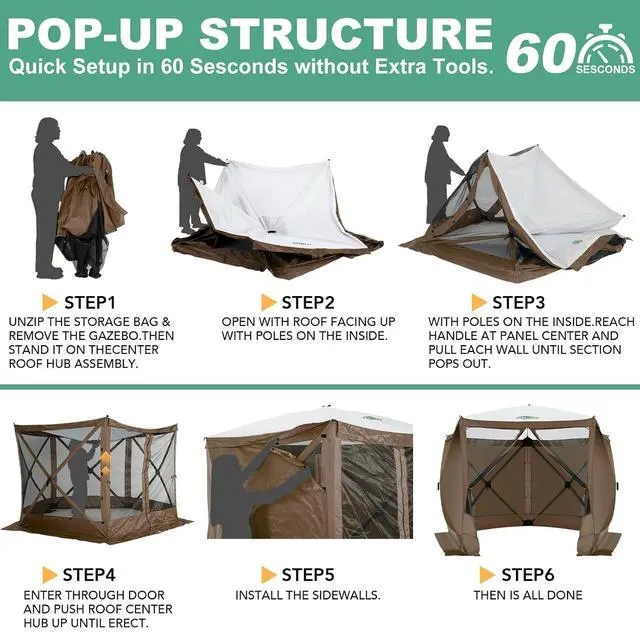 Alt view image 2 of 6 - 10x10 FT Pop up Gazebo, Popup Canopy tent,Screened In Gazebos with sidewalls, Waterproof Portable Outdoor Small Screen tents Sun Shelter,carpas para patio for Camping, Garden and Backyard,Brown