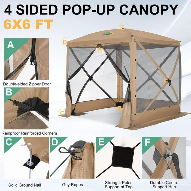 Alt view image 2 of 7 - 6x6 FT Pop up Gazebo, Popup Canopy Tent, Screened in Gazebos with sidewalls, Waterproof Portable Outdoor Small Screen Tents Sun Shelter,carpas para Patio for Camping, Garden and Backyard,Khaki