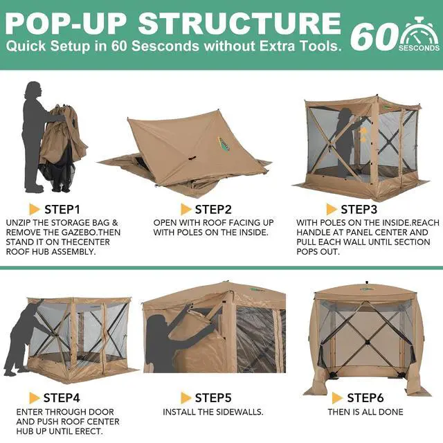 Alt view image 3 of 7 - 6x6 FT Pop up Gazebo, Popup Canopy Tent, Screened in Gazebos with sidewalls, Waterproof Portable Outdoor Small Screen Tents Sun Shelter,carpas para Patio for Camping, Garden and Backyard,Khaki
