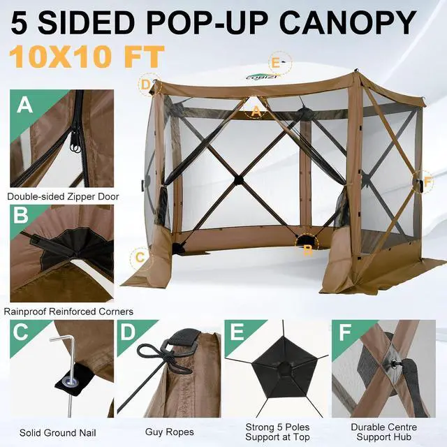 Alt view image 7 of 7 - 10x10FT Pop up Canopy Tent, Screened in Gazebos with Sidewalls,Brown