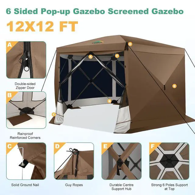 Alt view image 4 of 7 - 12x12 FT Pop Up Canopy Extendable Tent, Gazebos On Clearance with Removable Roof, Screened in Gazebo with sidewalls, Screen Tents Portable carpas para Patio for Outdoor Camping,Backyard,Brown