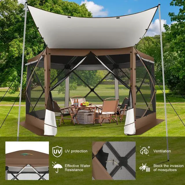 Alt view image 3 of 7 - 12x12 FT Pop Up Canopy Extendable Tent, Gazebos On Clearance with Removable Roof, Screened in Gazebo with sidewalls, Screen Tents Portable carpas para Patio for Outdoor Camping,Backyard,Brown