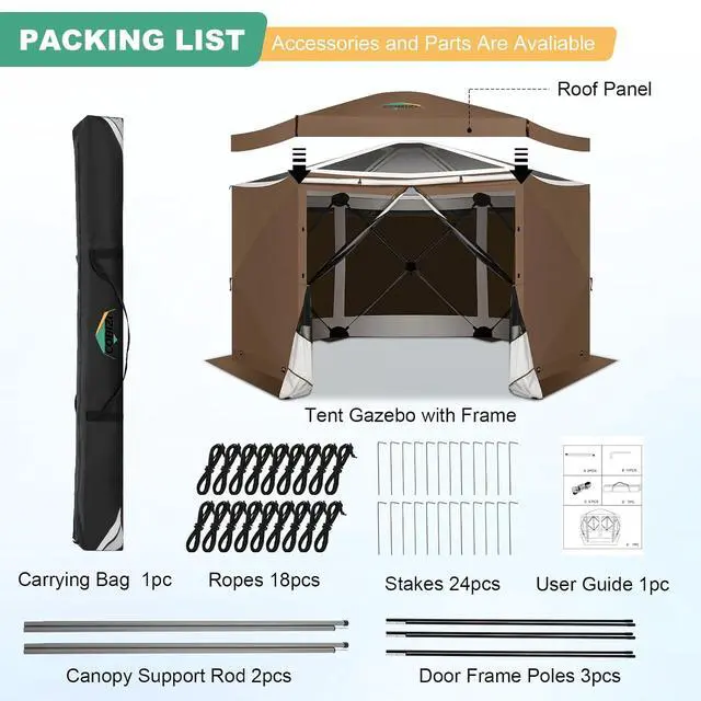 Alt view image 6 of 7 - 12x12 FT Pop Up Canopy Extendable Tent, Gazebos On Clearance with Removable Roof, Screened in Gazebo with sidewalls, Screen Tents Portable carpas para Patio for Outdoor Camping,Backyard,Brown