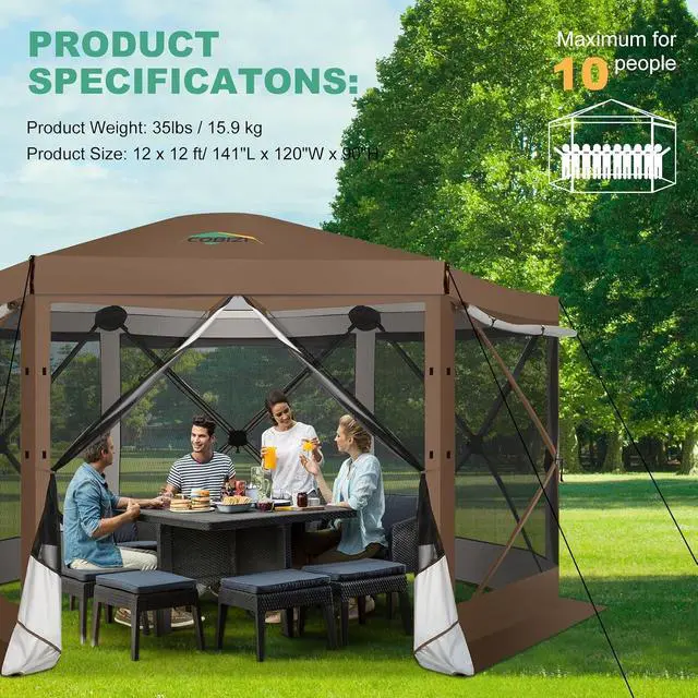 Alt view image 5 of 7 - 12x12 FT Pop Up Canopy Extendable Tent, Gazebos On Clearance with Removable Roof, Screened in Gazebo with sidewalls, Screen Tents Portable carpas para Patio for Outdoor Camping,Backyard,Brown