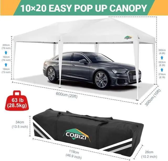 Alt view image 3 of 7 - 10x20 Pop Up Canopy with 6 Sidewalls, One Push Easy Setup, White