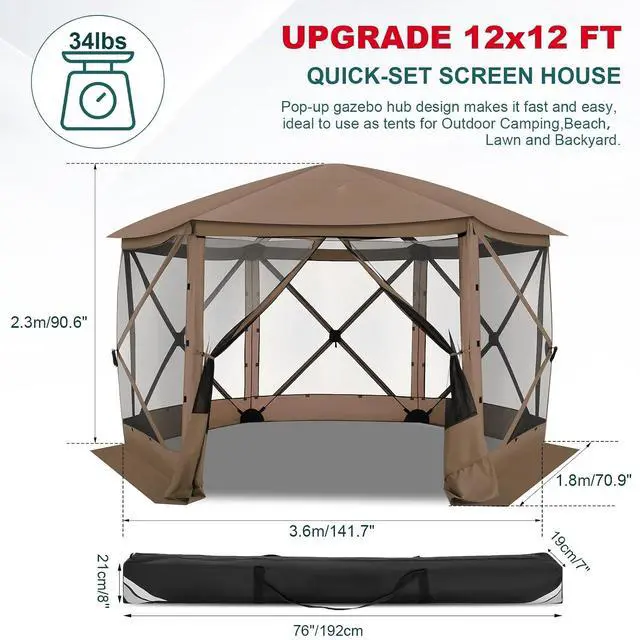 Alt view image 5 of 7 - 12x12 FT Pop Up Canopy Stargazing Tent, Gazebos On Clearance with Removable Roof, Screened in Gazebo, Screen Tents Portable carpas para Patio for Outdoor Camping,Backyard, Garden, Brown(Pro)