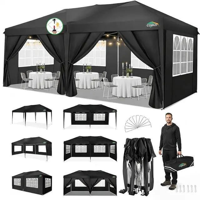 Main image of 10x20 Pop Up Canopy with 6 Sidewalls, One Push Easy Setup, Black