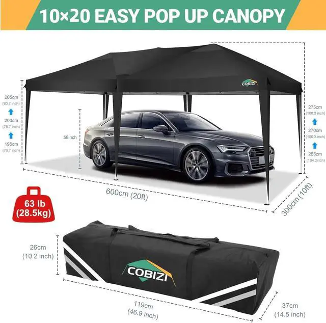 Alt view image 3 of 7 - 10x20 Pop Up Canopy with 6 Sidewalls, One Push Easy Setup, Black
