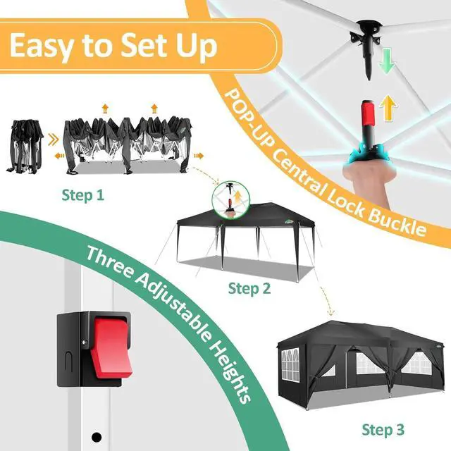 Alt view image 3 of 7 - 10x20 One Push Easy Up Pop Up Canopy Tent with 6 Sidewalls, Black